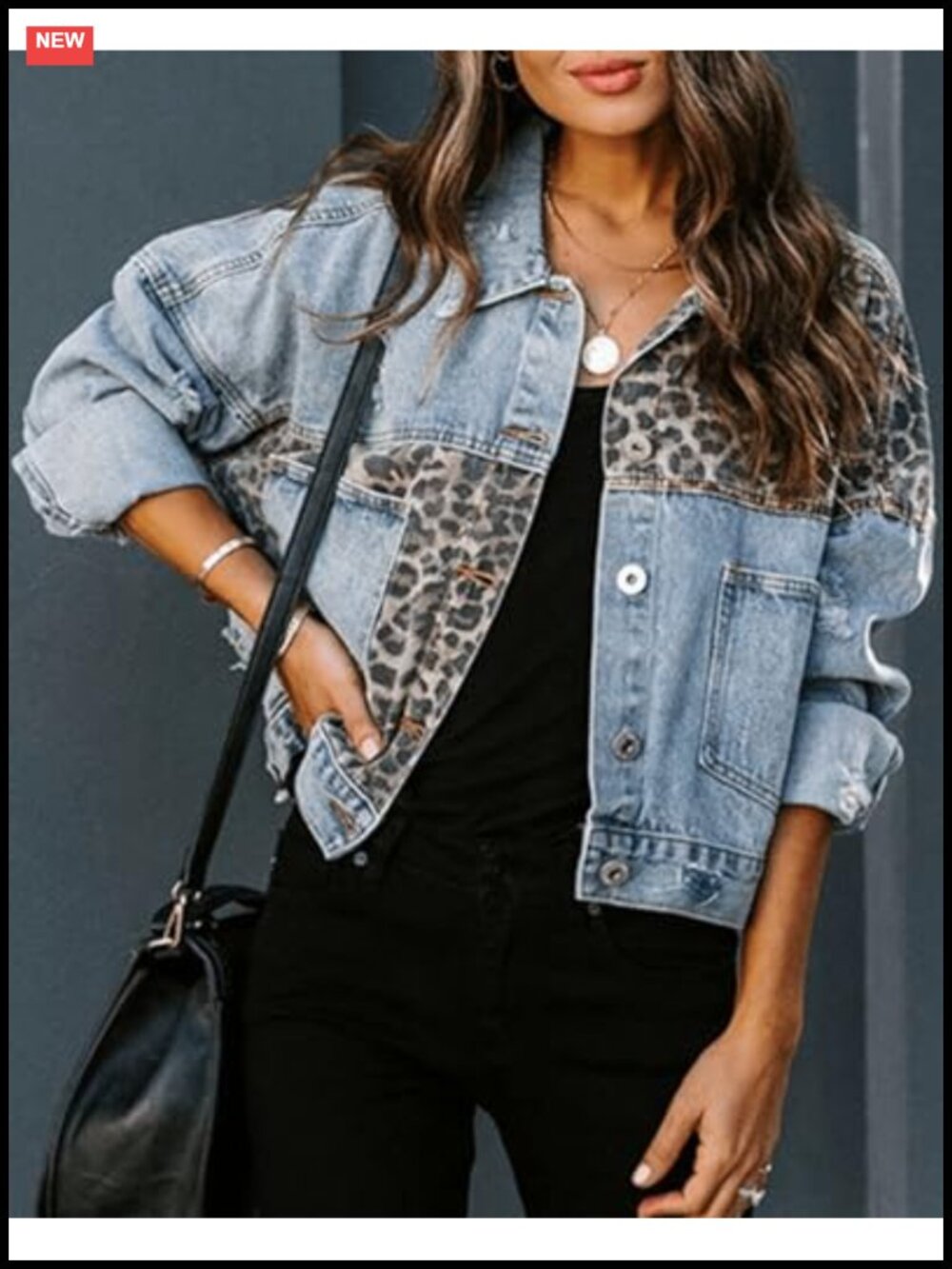 Women's RINTONIX Denim Jacket Distressed Leopard Patchwork Button Down - Picture 2 of 5